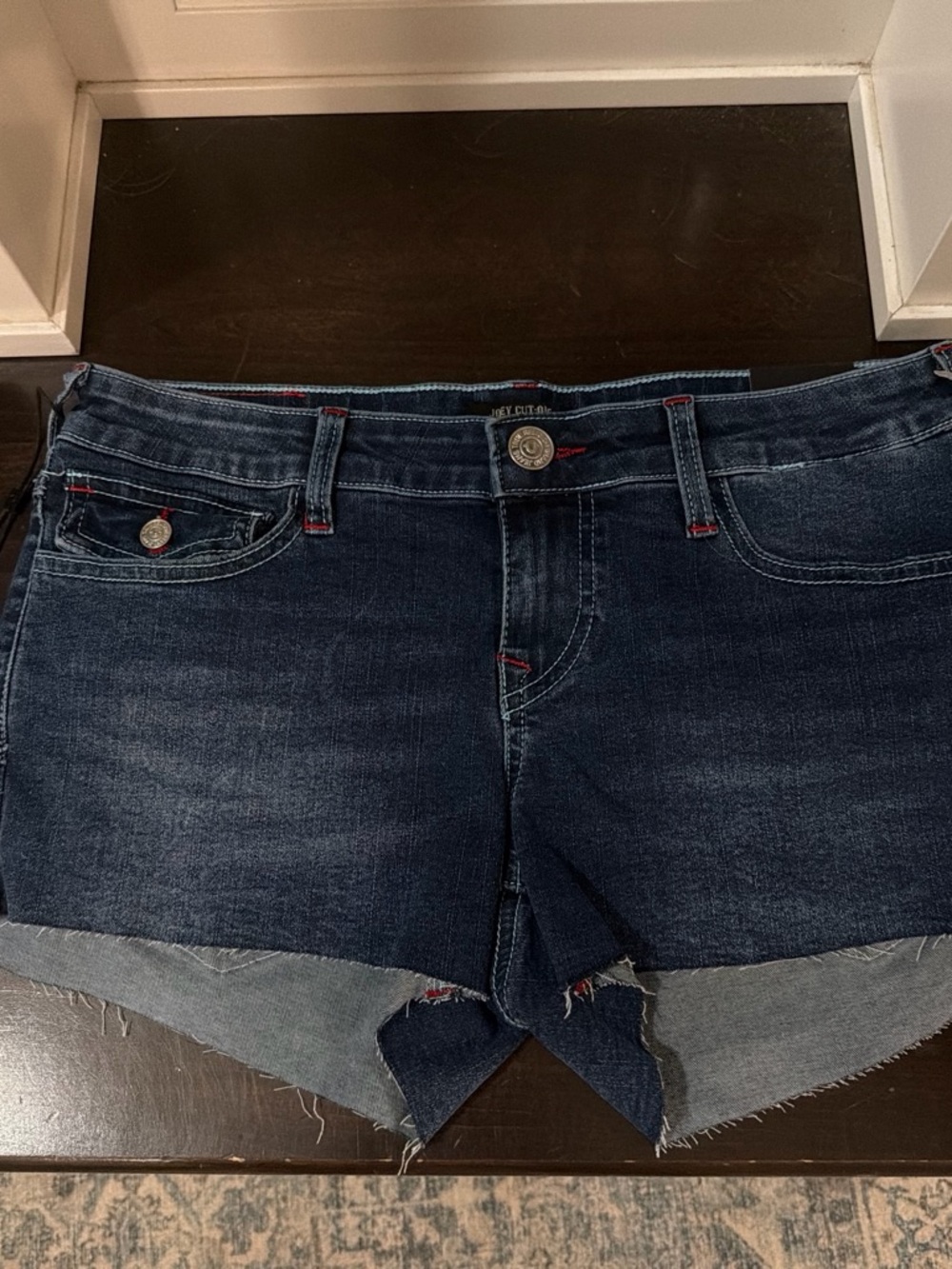 True Religion Dark Indigo Distressed Cutoff Jean Shorts